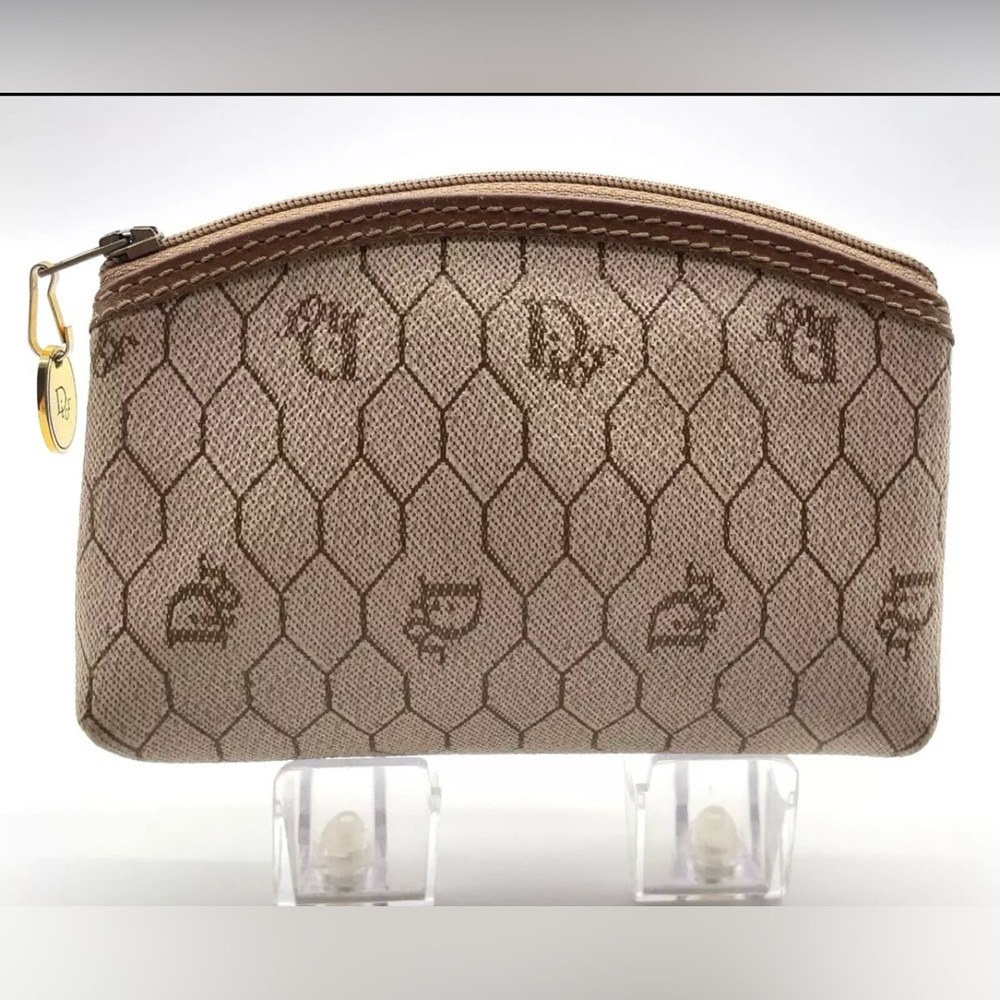 Auth Christian Dior PVC Leather Honeycomb Pattern  Beige  Pouch